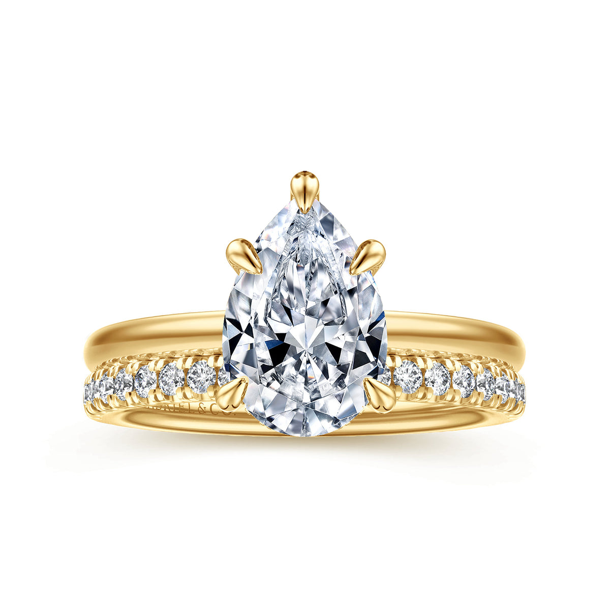 14K Yellow Gold Pear Shape Diamond Engagement Ring — Gabriel & Co. ER15972P8Y44JJ; center stone shown for illustration, not included