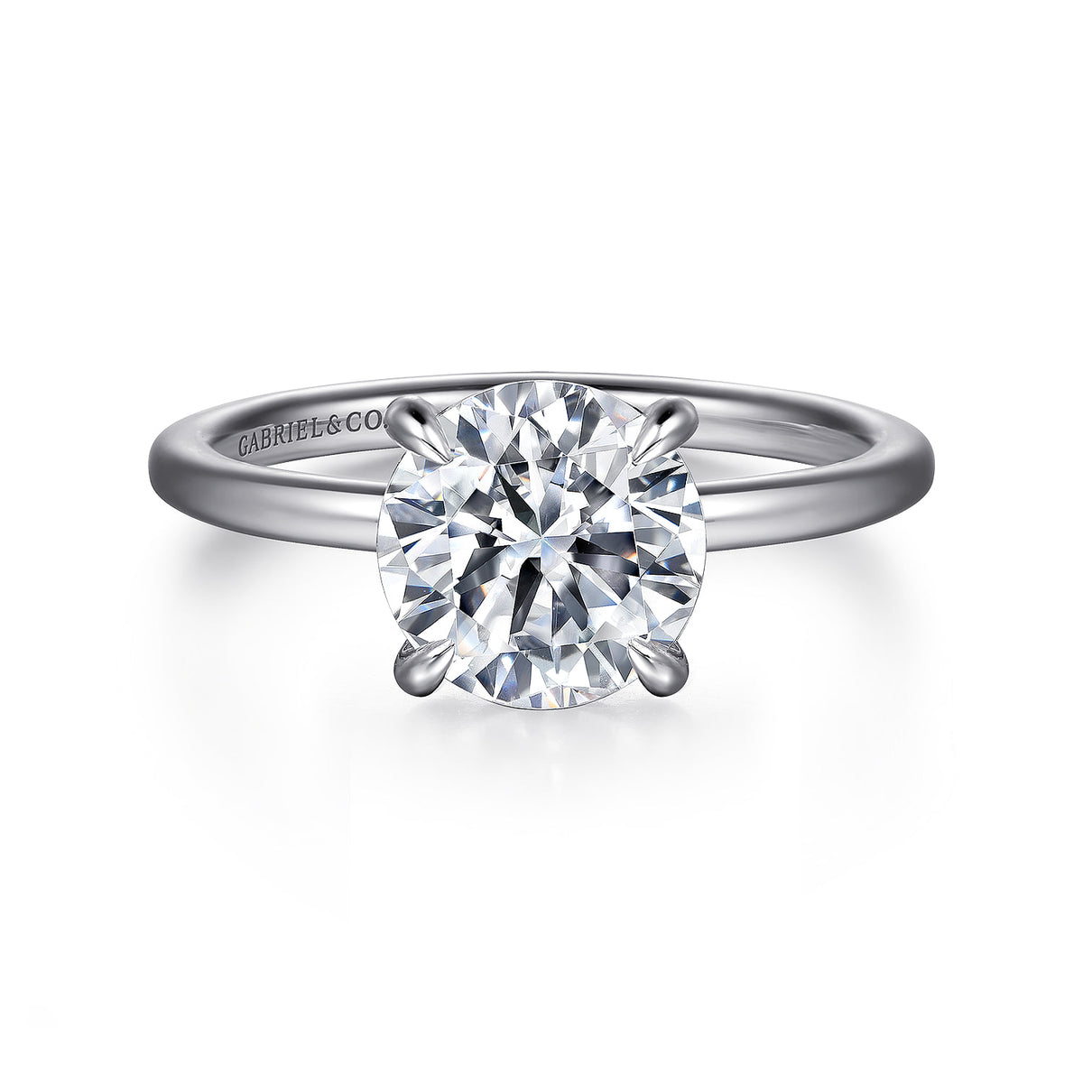 14K White Gold  Round Diamond Engagement Ring — Gabriel & Co. ER15972R8W44JJ; center stone shown for illustration, not included
