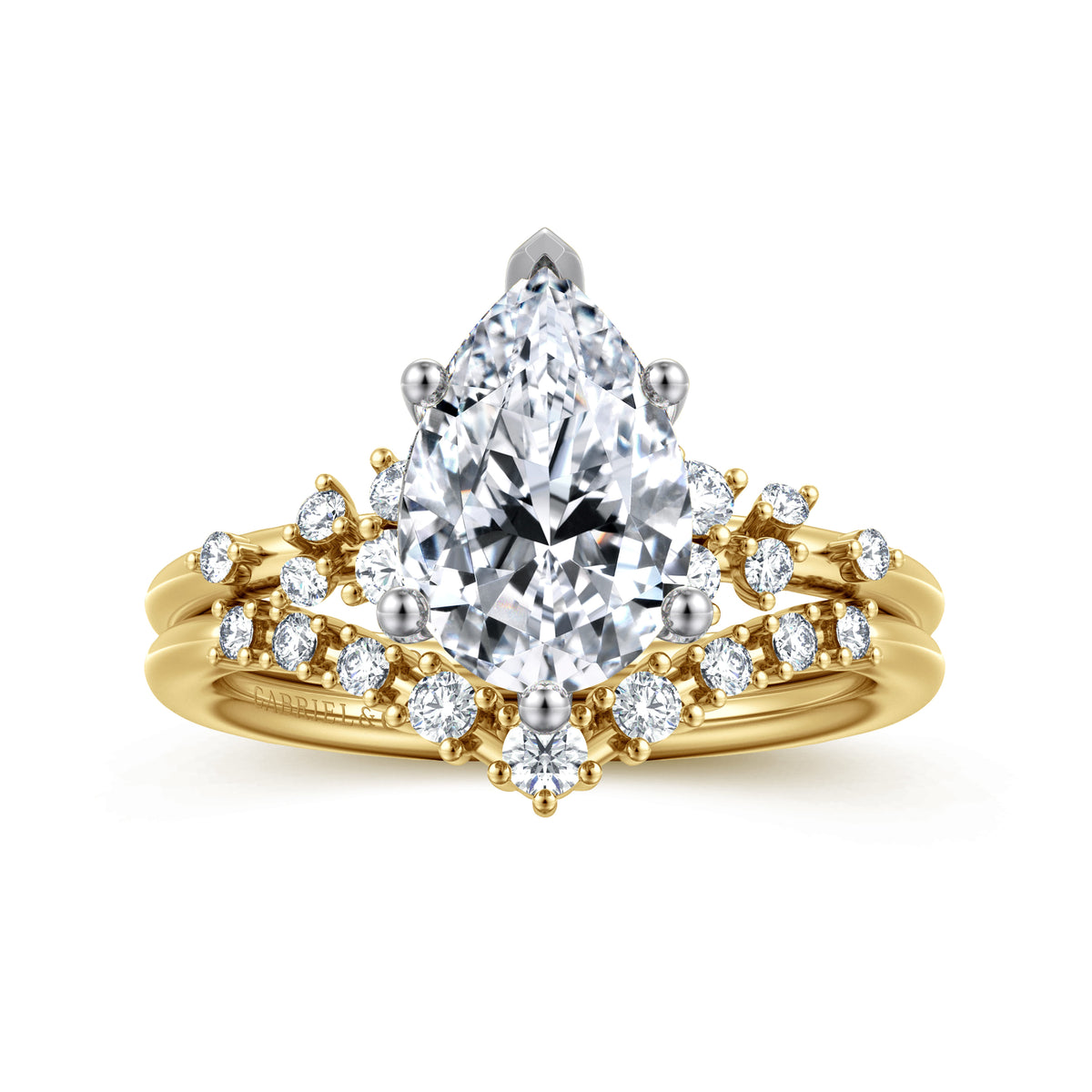 14K White and Yellow Gold Pear Shape Diamond Engagement Ring — Gabriel & Co. ER15973P8M44JJ; center stone shown for illustration, not included