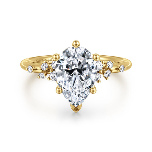 14K Yellow Gold 6 Prong Pear Shape Diamond Engagement Ring — Gabriel & Co. ER15973P8Y44JJ; center stone shown for illustration, not included