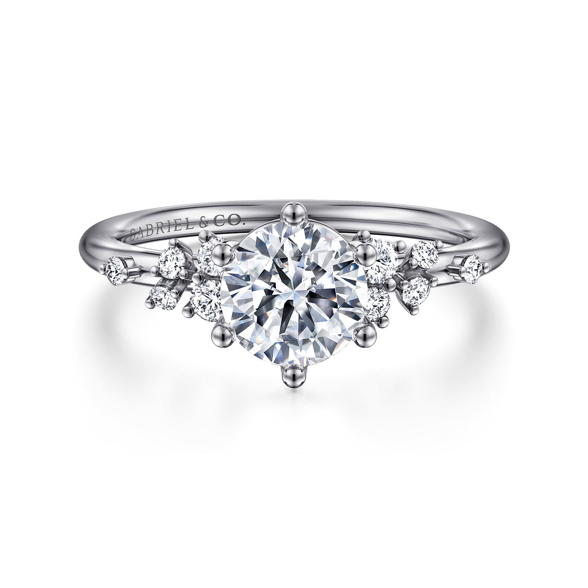 Platinum Round Diamond Engagement Ring — Gabriel & Co. ER15973R4PT4JJ; center stone shown for illustration, not included
