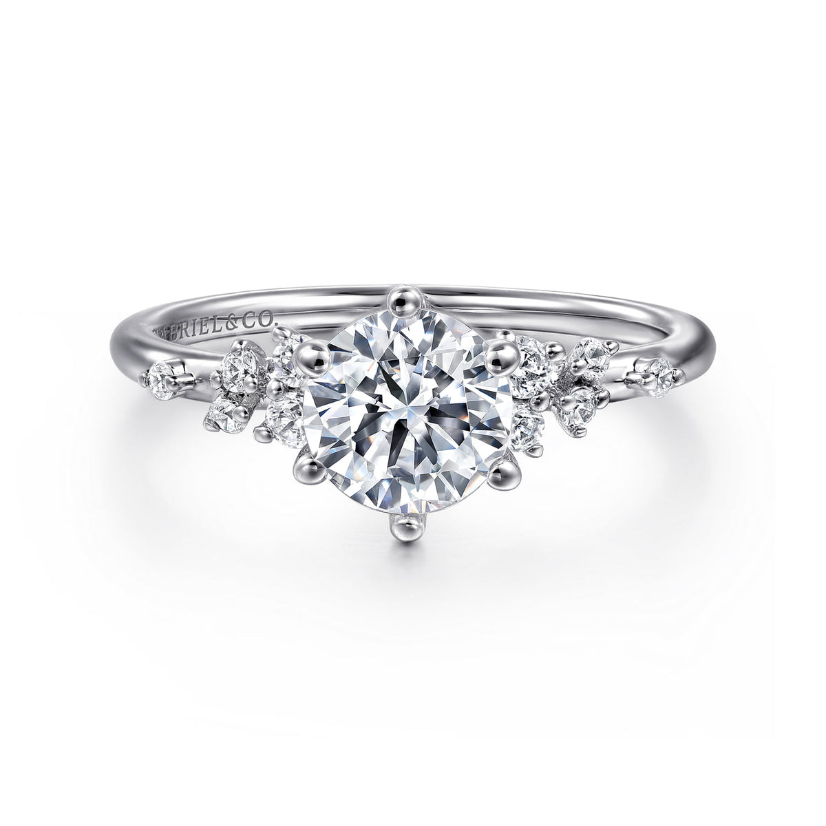 14K White Gold 6 Prong Round Diamond Engagement Ring — Gabriel & Co. ER15973R4W44JJ; center stone shown for illustration, not included