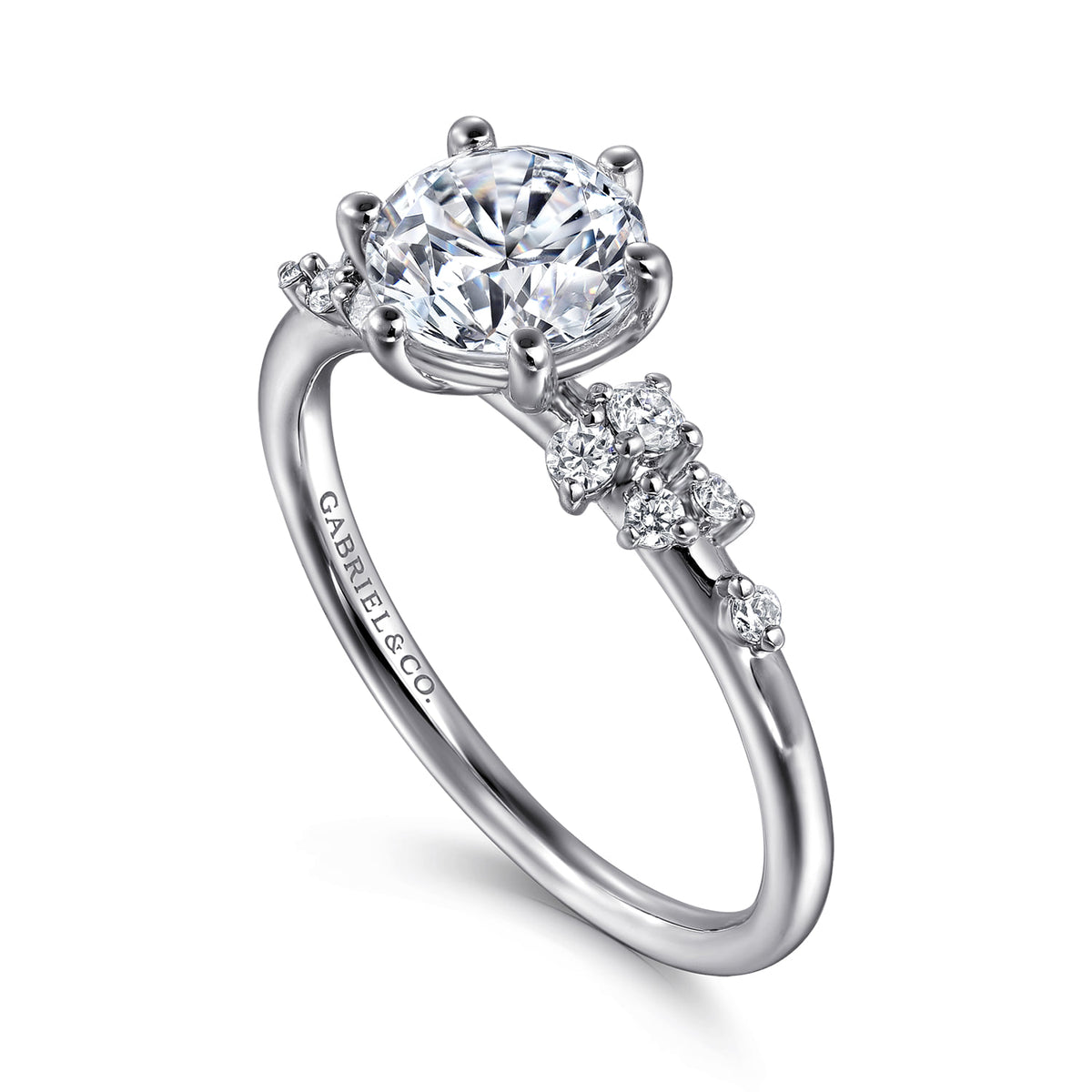 14K White Gold 6 Prong Round Diamond Engagement Ring — Gabriel & Co. ER15973R4W44JJ; center stone shown for illustration, not included