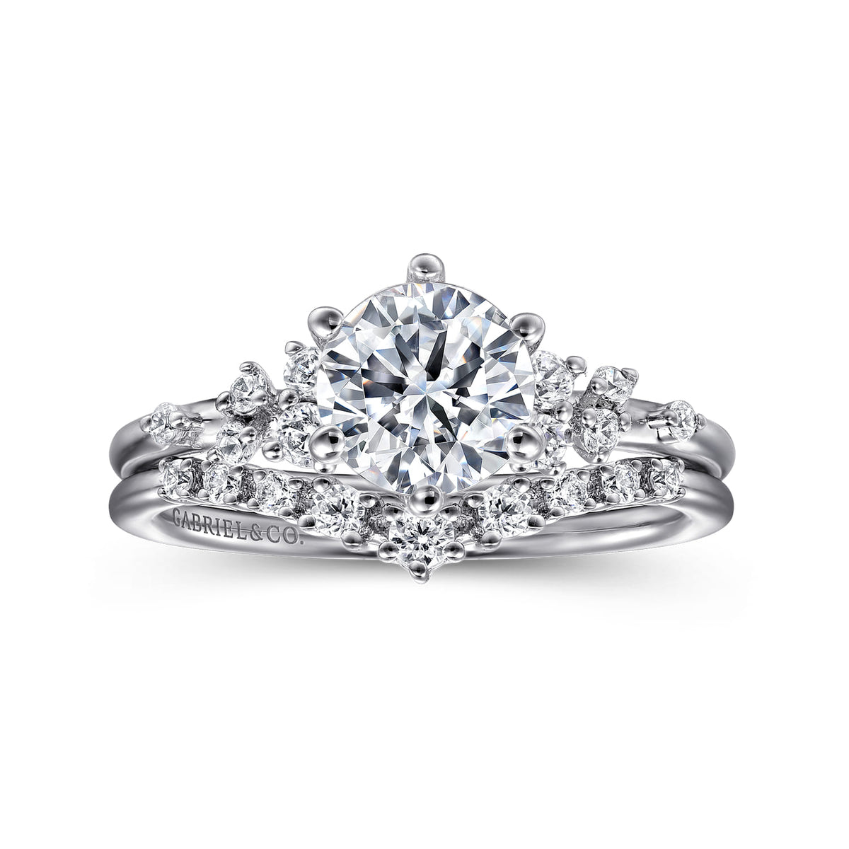 14K White Gold 6 Prong Round Diamond Engagement Ring — Gabriel & Co. ER15973R4W44JJ; center stone shown for illustration, not included