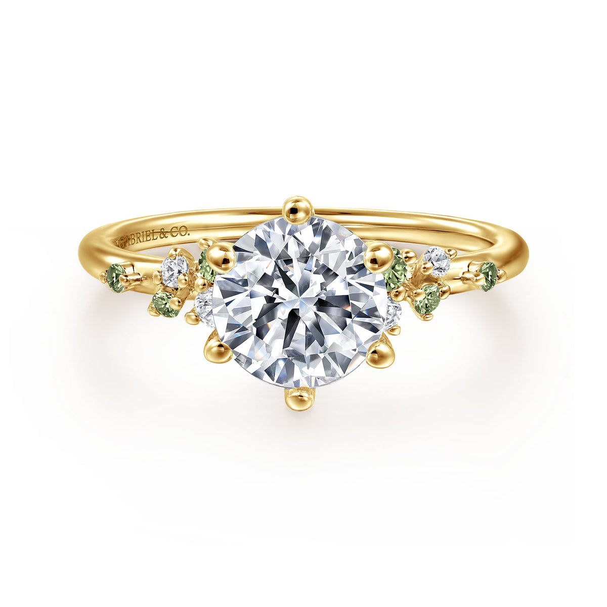 14K Yellow Gold Round Green Sapphire and Diamond Engagement Ring — Gabriel & Co. ER15973R6Y44GS; center stone shown for illustration, not included