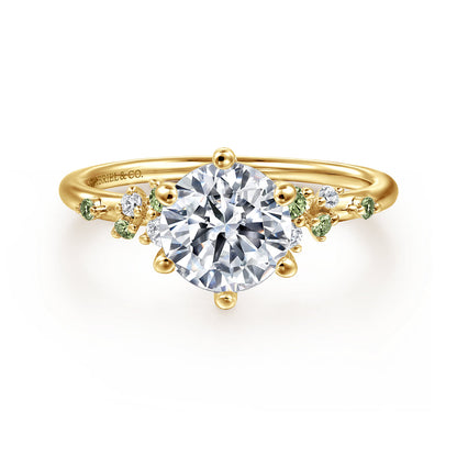 14K Yellow Gold Round Green Sapphire and Diamond Engagement Ring — Gabriel & Co. ER15973R6Y44GS; center stone shown for illustration, not included