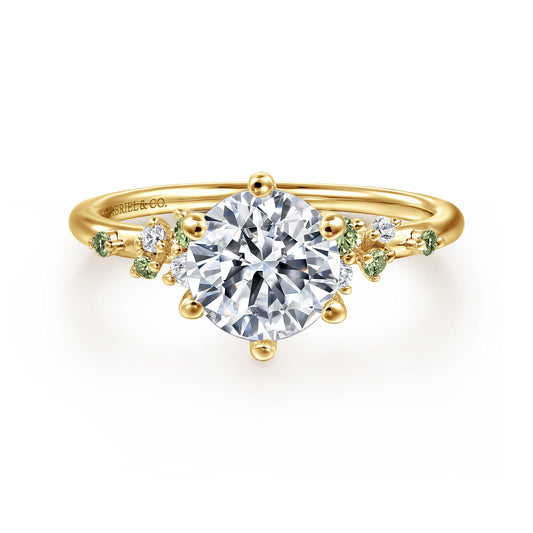 14K Yellow Gold Round Green Sapphire and Diamond Engagement Ring — Gabriel & Co. ER15973R6Y44GS; center stone shown for illustration, not included