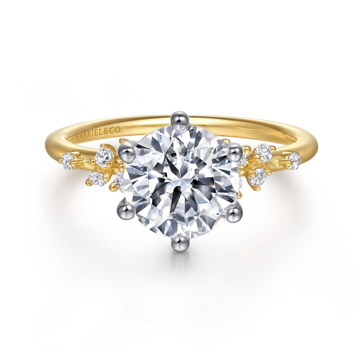 14K White and Yellow Gold 6 Prong Diamond Engagement Ring — Gabriel & Co. ER15973R8M44JJ; center stone shown for illustration, not included