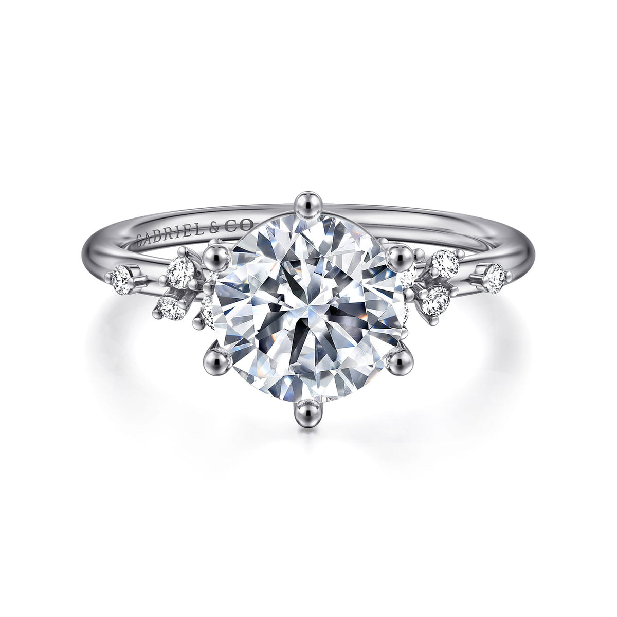 14K White Gold Round Diamond Engagement Ring — Gabriel & Co. ER15973R8W44JJ; center stone shown for illustration, not included
