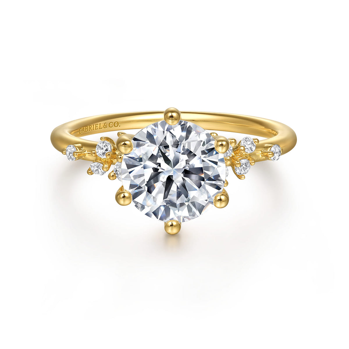 14K Yellow Gold 6 Prong Round Diamond Engagement Ring — Gabriel & Co. ER15973R8Y44JJ; center stone shown for illustration, not included