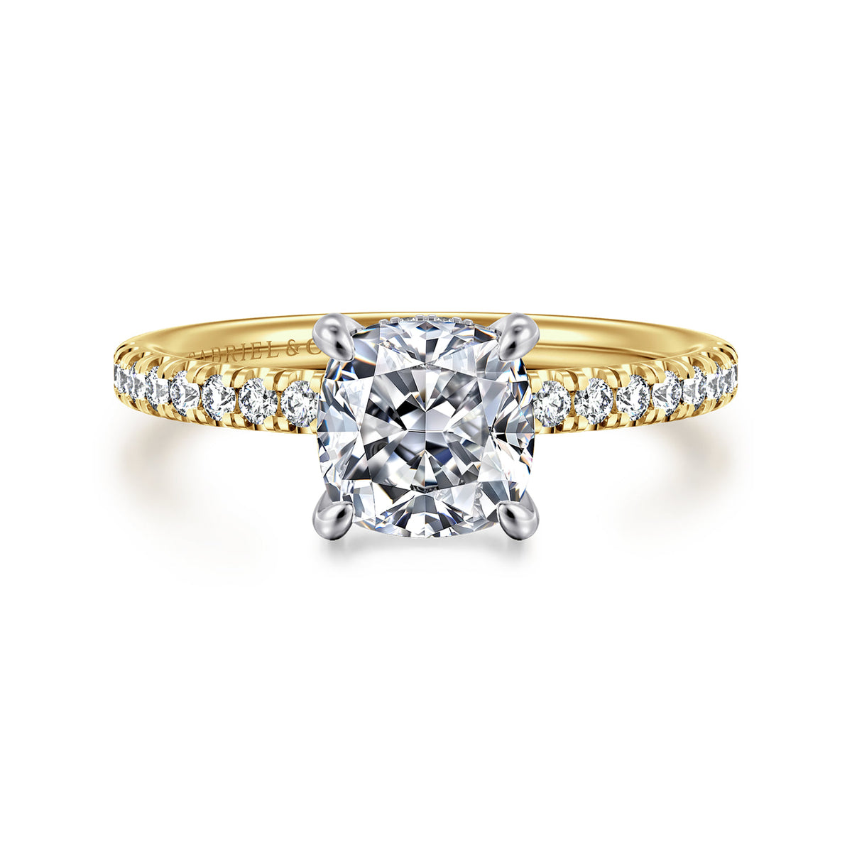 14K White-Yellow Gold Cushion Cut Diamond Engagement Ring — ER16059C6M44JJ; center stone shown for illustration, not included
