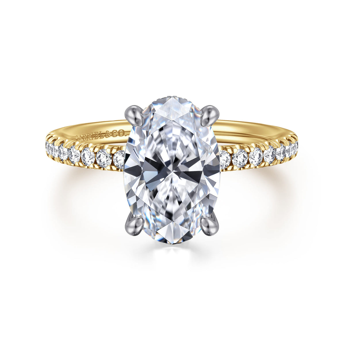 14K White-Yellow Gold Oval Cut Diamond Engagement Ring — Gabriel & Co. ER16059O10M44JJ; center stone shown for illustration, not included