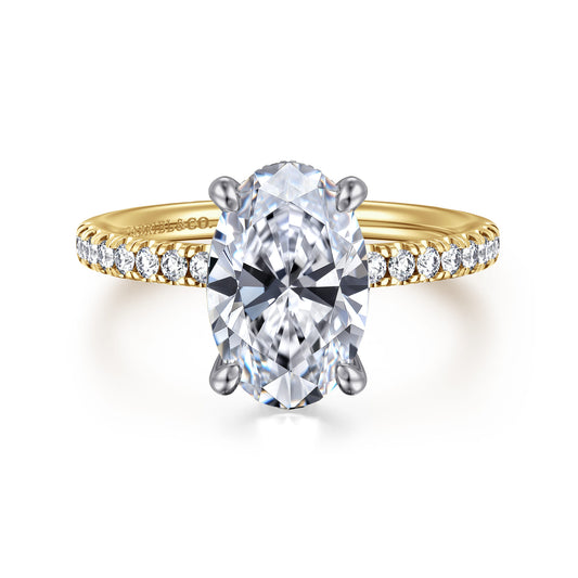 14K White-Yellow Gold Oval Cut Diamond Engagement Ring — Gabriel & Co. ER16059O10M44JJ; center stone shown for illustration, not included