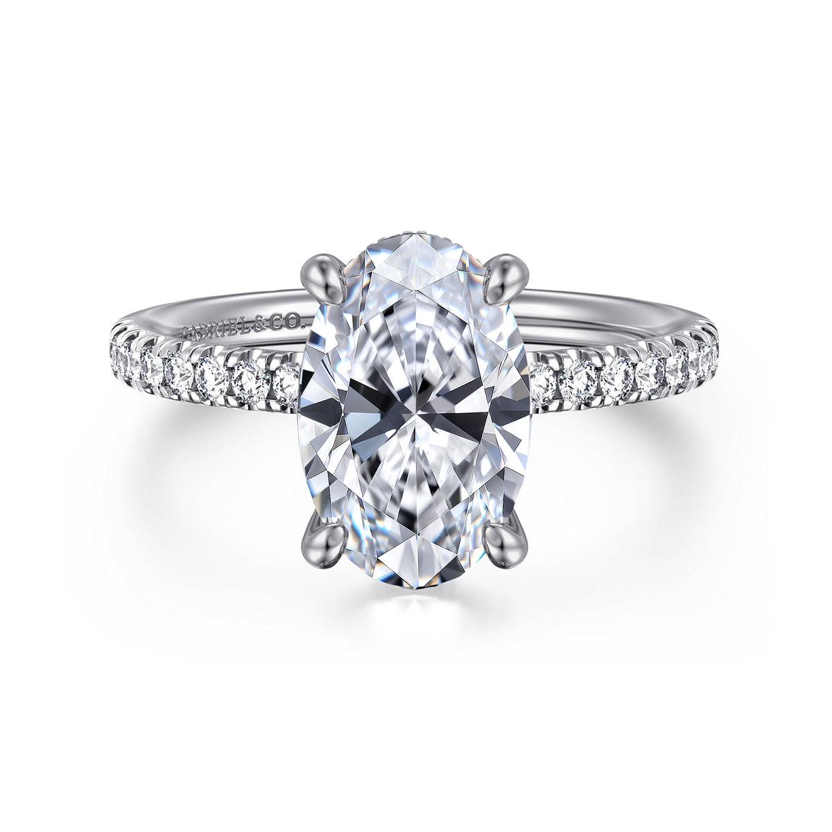 14K White Gold Oval Cut Diamond Engagement Ring — Gabriel & Co. ER16059O10W44JJ; center stone shown for illustration, not included