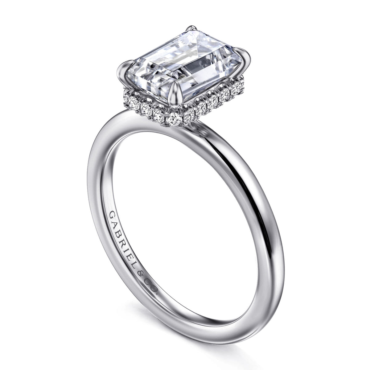 14K White Gold  Emerald Cut Diamond Engagement Ring — Gabriel & Co. ER16061E8W44JJ; center stone shown for illustration, not included