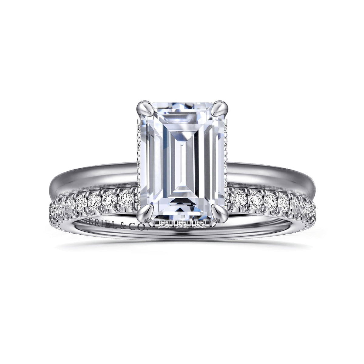 14K White Gold  Emerald Cut Diamond Engagement Ring — Gabriel & Co. ER16061E8W44JJ; center stone shown for illustration, not included