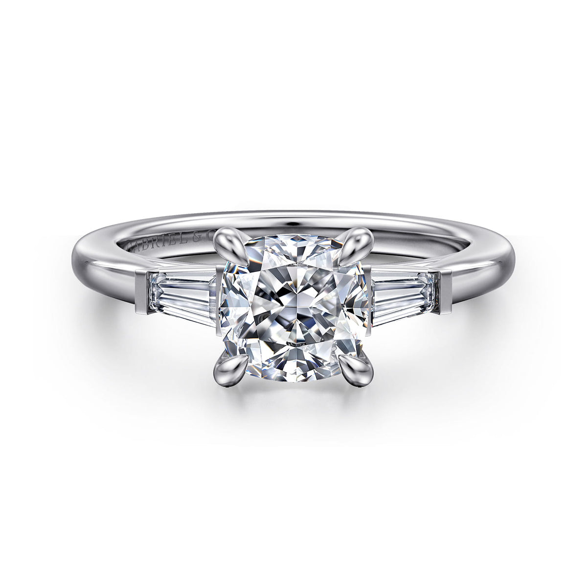 14K White Gold Cushion Cut Three Stone Diamond Engagement Ring — ER16121C6W43JJ; center stone shown for illustration, not included
