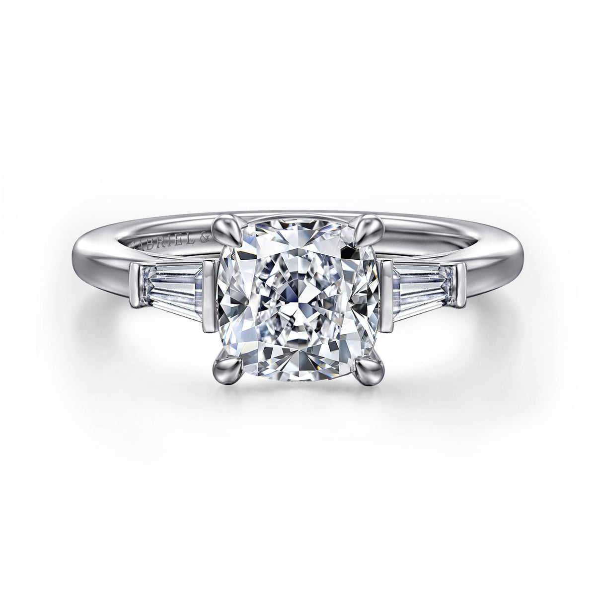 14K White Gold Cushion Cut Three Stone Diamond Engagement Ring — ER16121C8W43JJ; center stone shown for illustration, not included