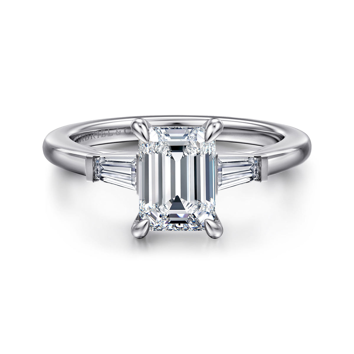 14K White Gold Emerald Cut Three Stone Diamond Engagement Ring — ER16121E6W43JJ; center stone shown for illustration, not included