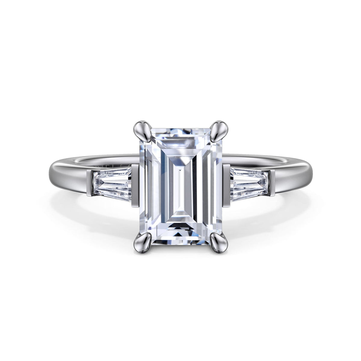 14K White Gold Emerald Cut Three Stone Diamond Engagement Ring — ER16121E8W43JJ; center stone shown for illustration, not included