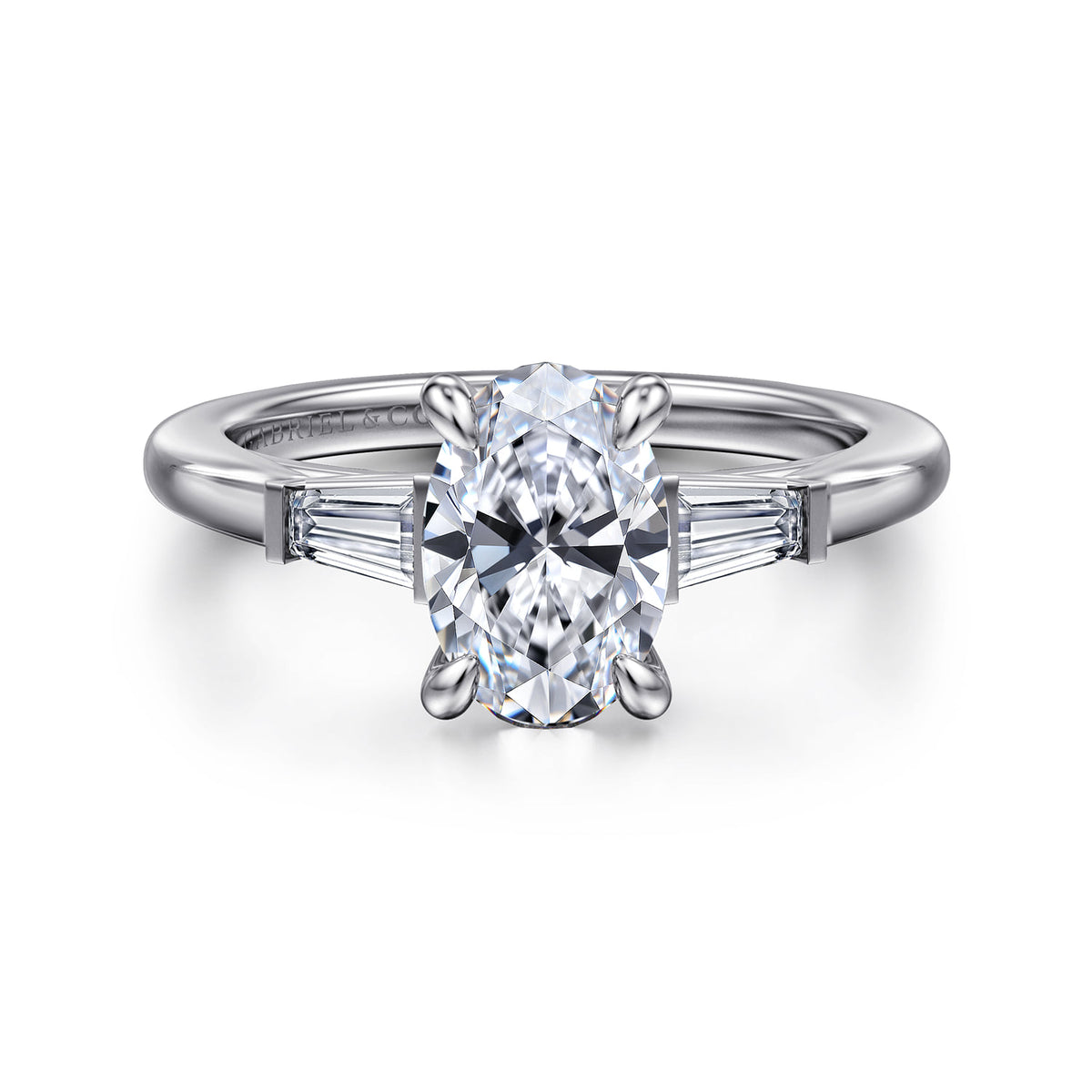 14K White Gold Oval Three Stone Diamond Engagement Ring — ER16121O6W43JJ; center stone shown for illustration, not included