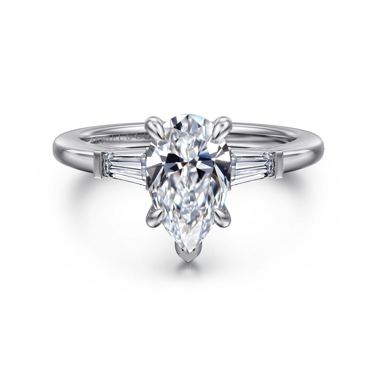 14K White Gold Pear Shape Three Stone Diamond Engagement Ring — ER16121P6W43JJ; center stone shown for illustration, not included