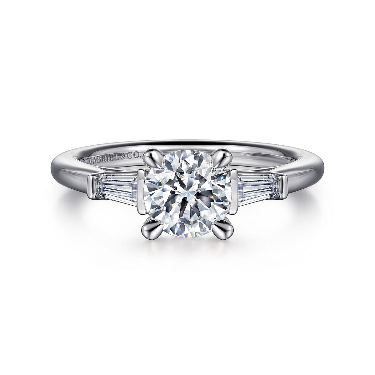 14K White Gold Round Three Stone Diamond Engagement Ring — ER16121R4W43JJ; center stone shown for illustration, not included
