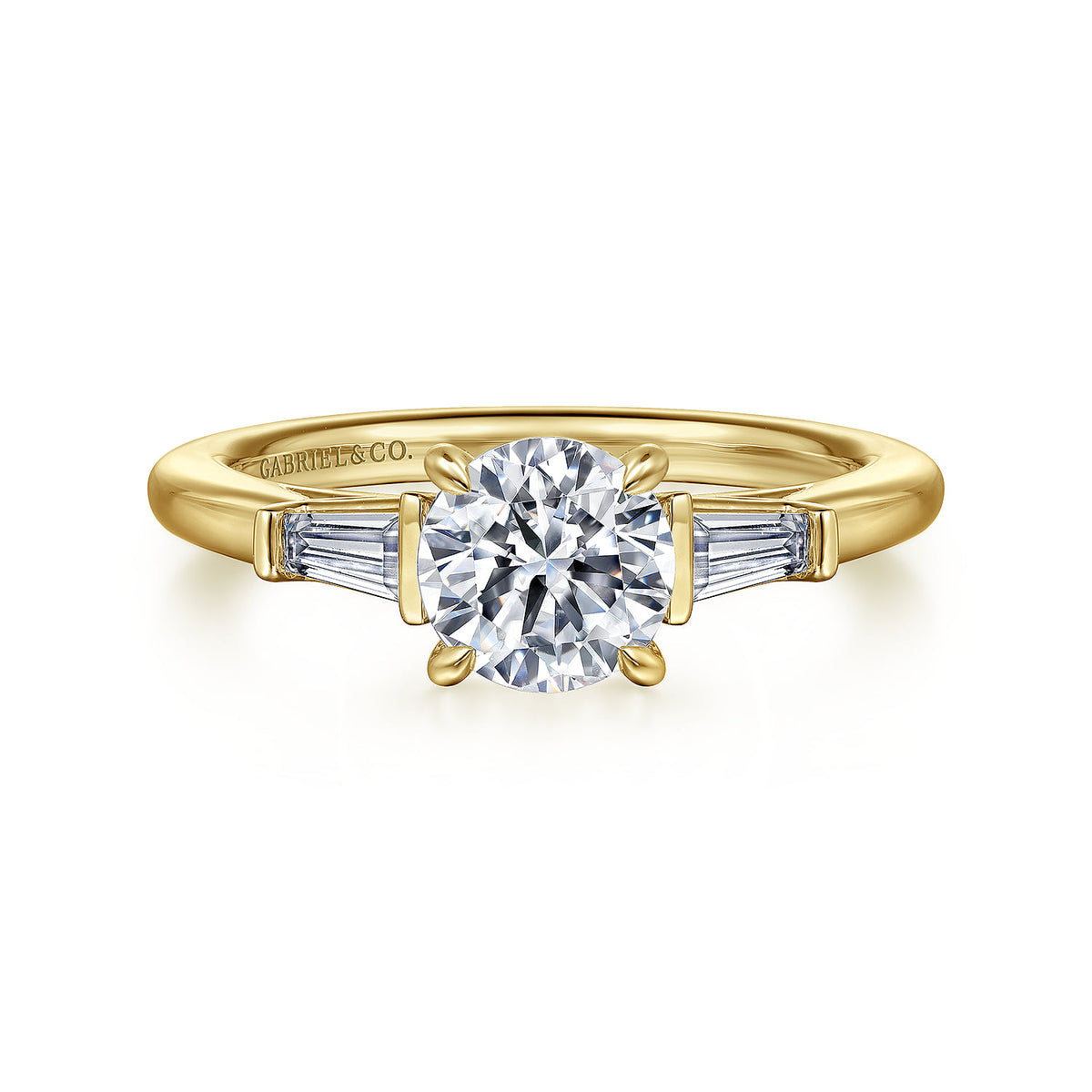 14K Yellow Gold Round Three Stone Diamond Engagement Ring — ER16121R4Y43JJ; center stone shown for illustration, not included
