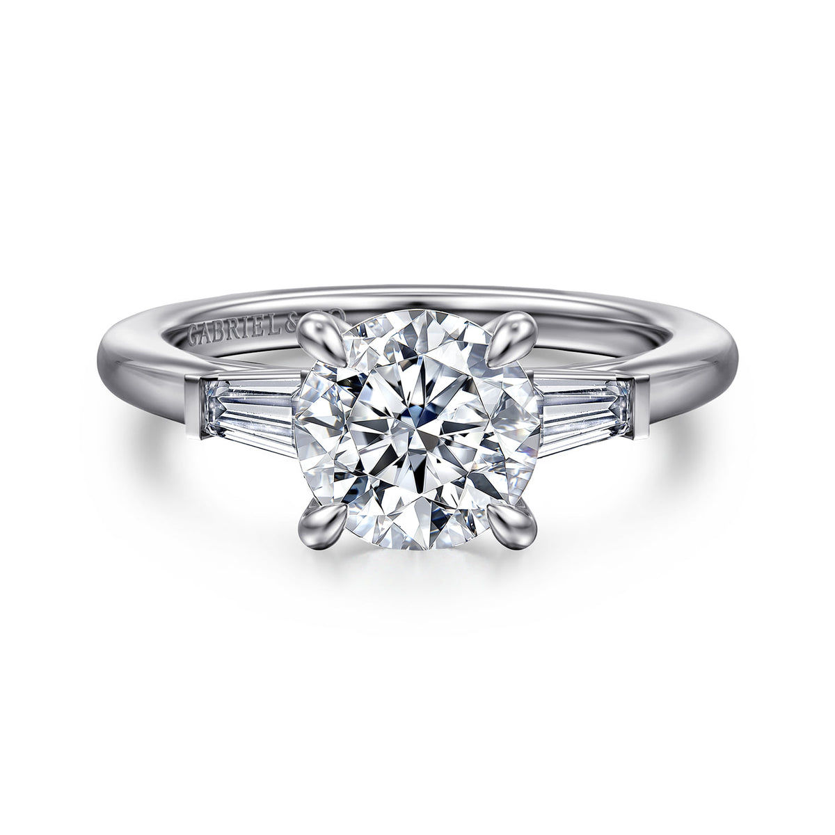 14K White Gold Round Three Stone Diamond Engagement Ring — ER16121R6W43JJ; center stone shown for illustration, not included