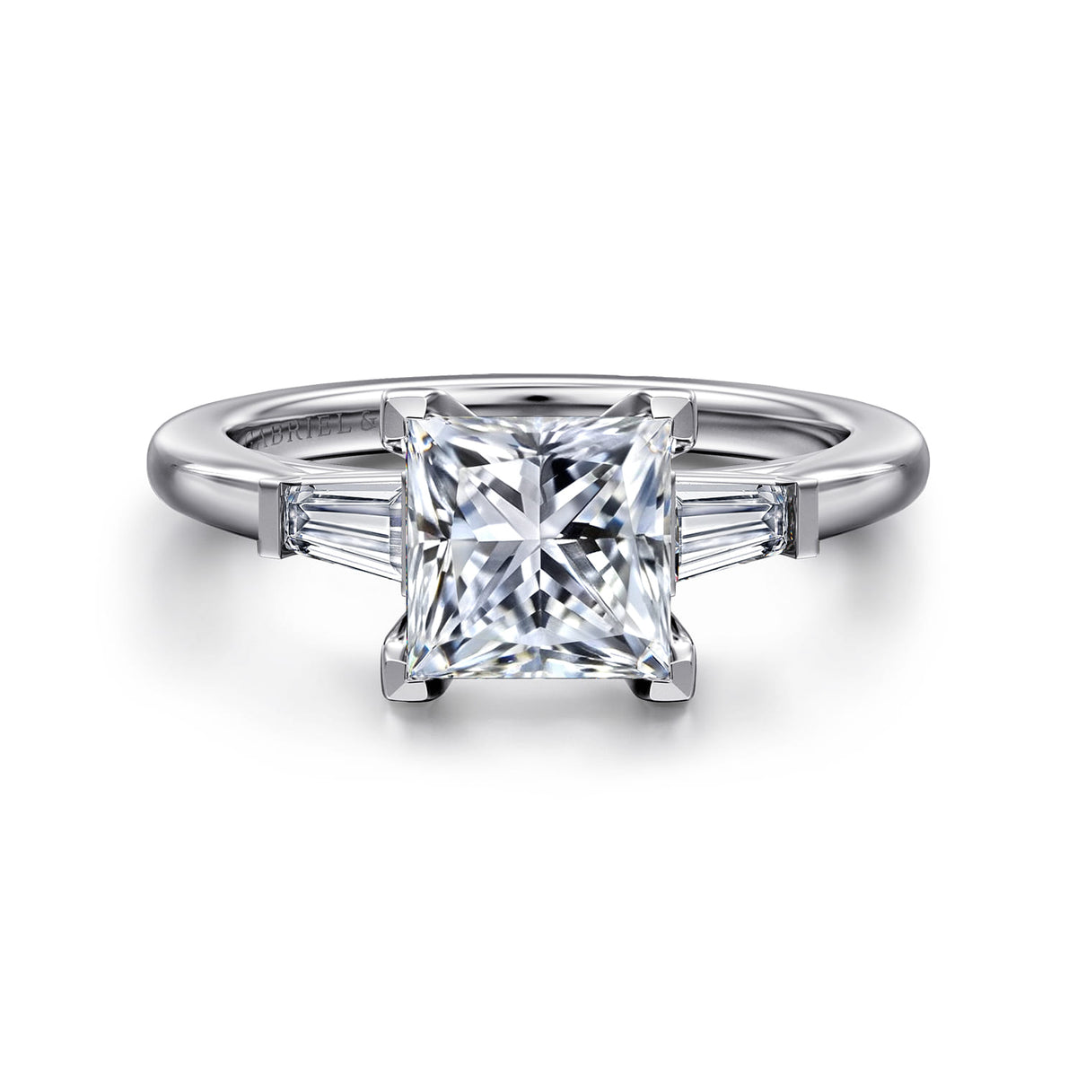 14K White Gold Princess Cut Three Stone Diamond Engagement Ring — ER16121S6W43JJ; center stone shown for illustration, not included