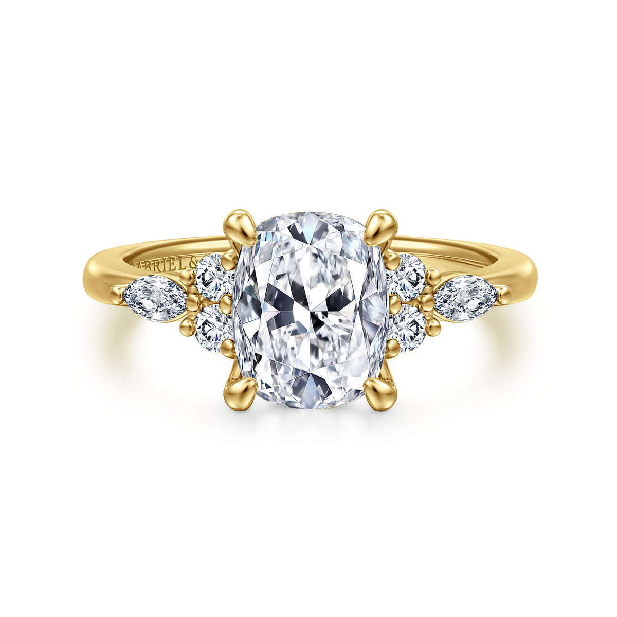 14K Yellow Gold Elongated Cushion Diamond Cluster Engagement Ring — Gabriel & Co. ER16125G8Y44JJ; center stone shown for illustration, not included