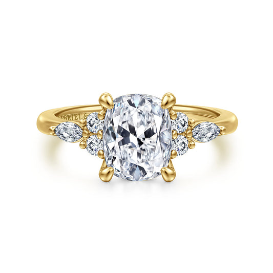 14K Yellow Gold Elongated Cushion Diamond Cluster Engagement Ring — Gabriel & Co. ER16125G8Y44JJ; center stone shown for illustration, not included