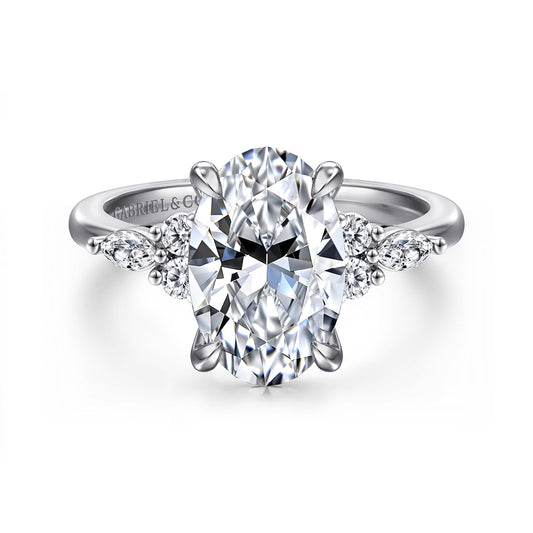Platinum Oval Diamond Cluster Engagement Ring — Gabriel & Co. ER16125O12PT4JJ; center stone shown for illustration, not included