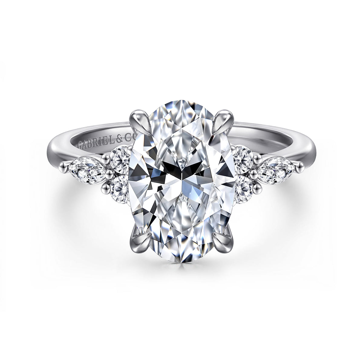 14K White Gold Oval Diamond Cluster Engagement Ring — Gabriel & Co. ER16125O12W44JJ; center stone shown for illustration, not included