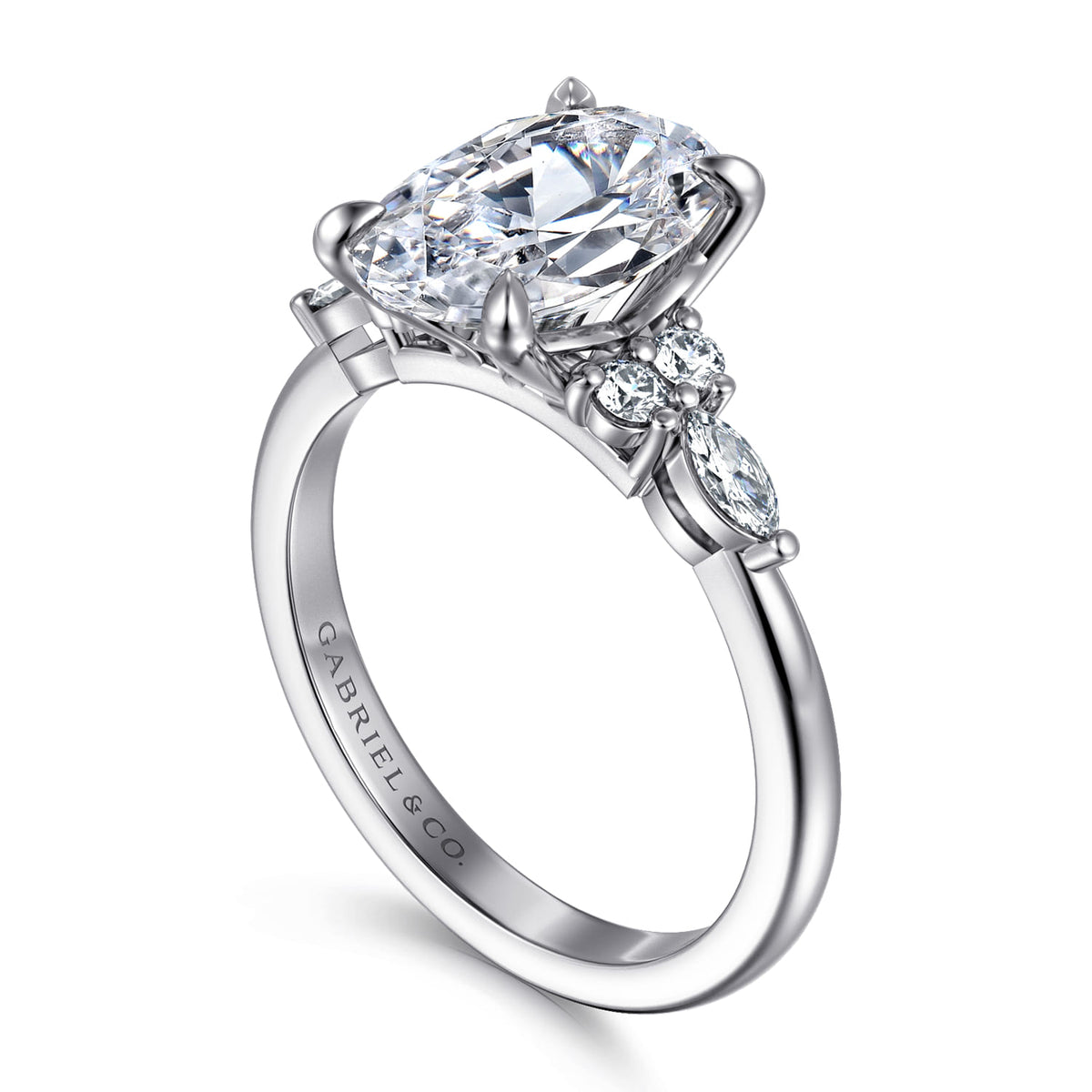 14K White Gold Oval Diamond Cluster Engagement Ring — Gabriel & Co. ER16125O12W44JJ; center stone shown for illustration, not included