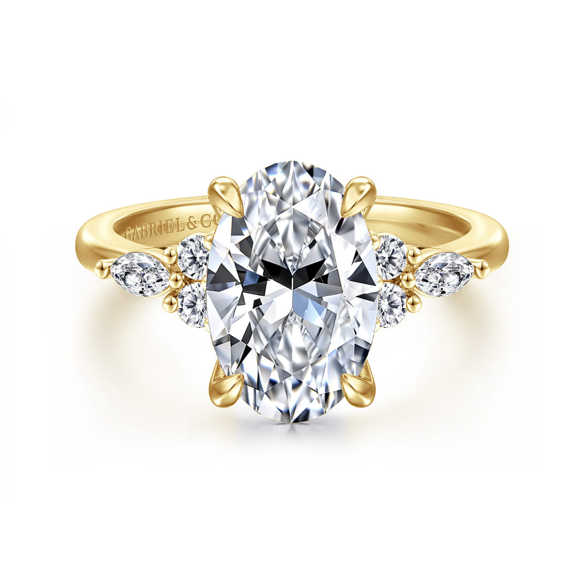 14K Yellow Gold Oval Diamond Cluster Engagement Ring — Gabriel & Co. ER16125O12Y44JJ; center stone shown for illustration, not included