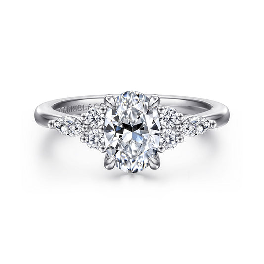 Platinum Oval Diamond Cluster Engagement Ring — Gabriel & Co. ER16125O4PT4JJ; center stone shown for illustration, not included