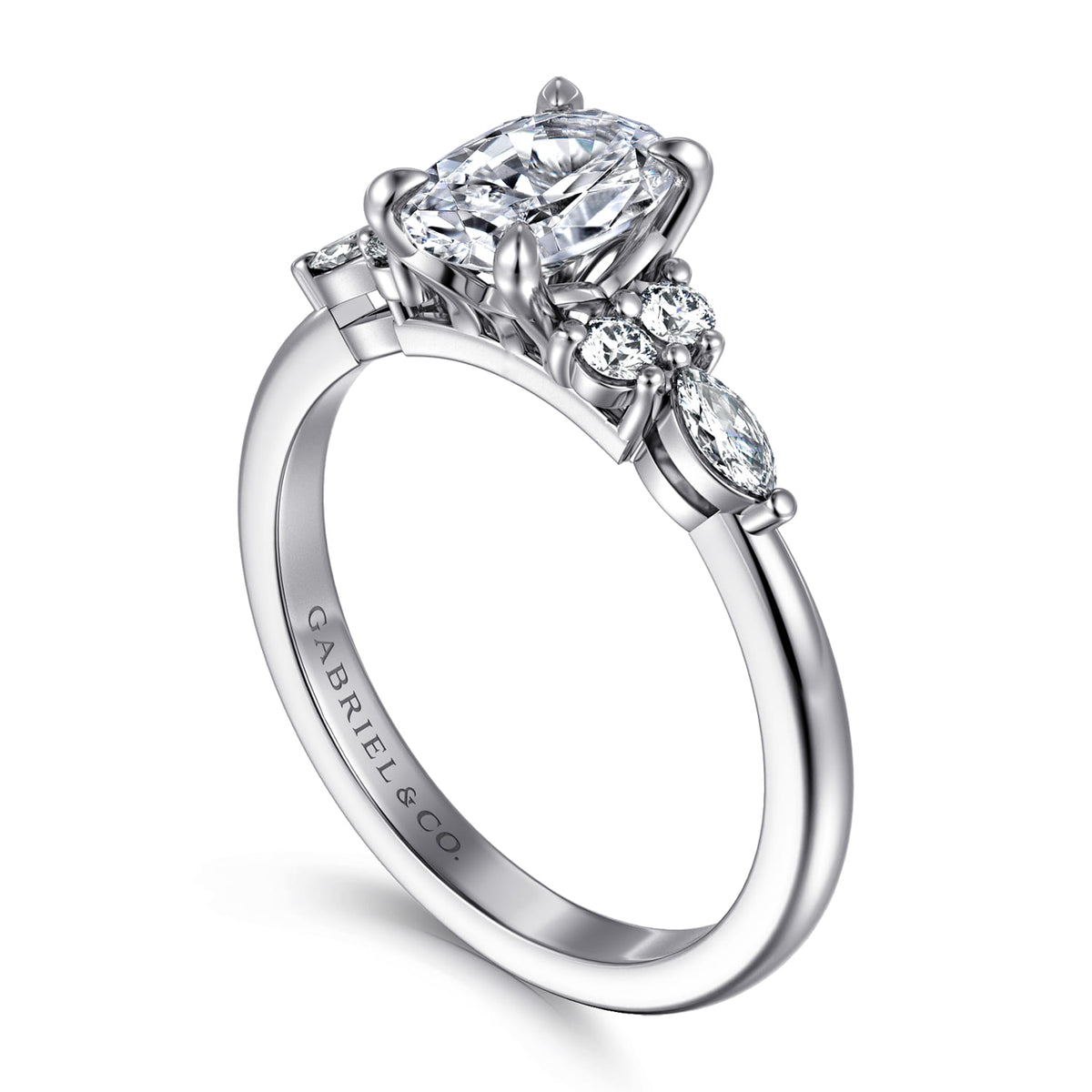 14K White Gold Oval Diamond Cluster Engagement Ring — Gabriel & Co. ER16125O4W44JJ; center stone shown for illustration, not included