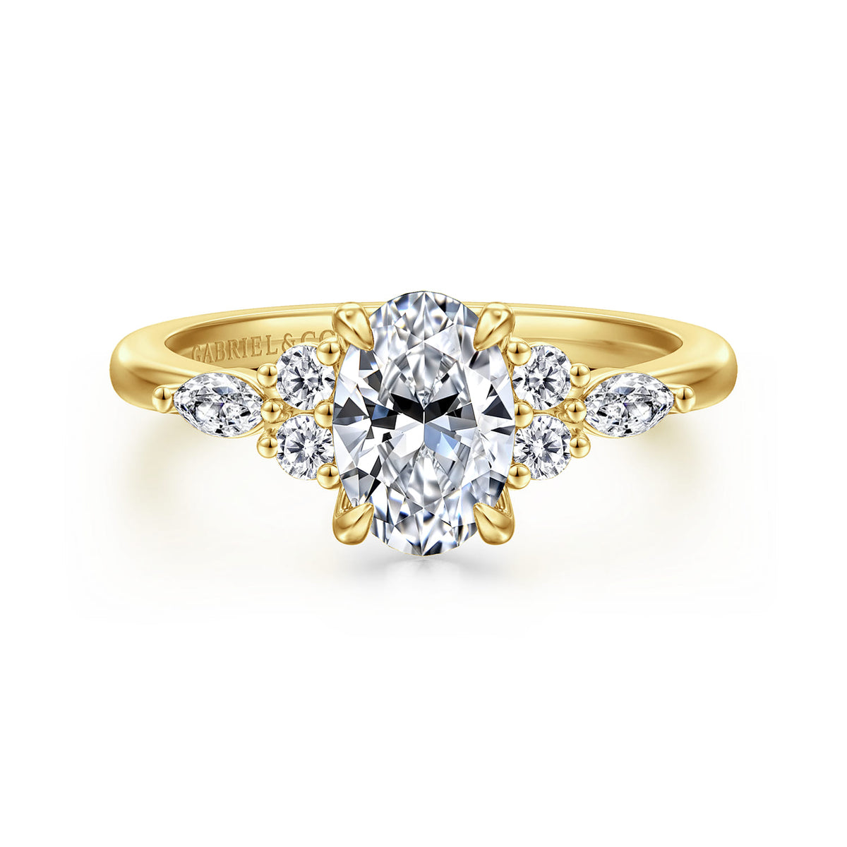 14K Yellow Gold Oval Diamond Cluster Engagement Ring — Gabriel & Co. ER16125O4Y44JJ; center stone shown for illustration, not included