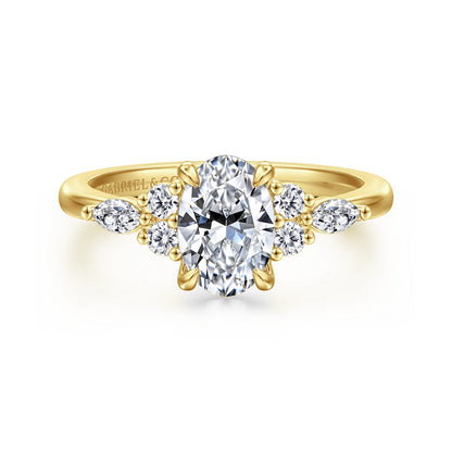 14K Yellow Gold Oval Diamond Cluster Engagement Ring — Gabriel & Co. ER16125O4Y44JJ; center stone shown for illustration, not included