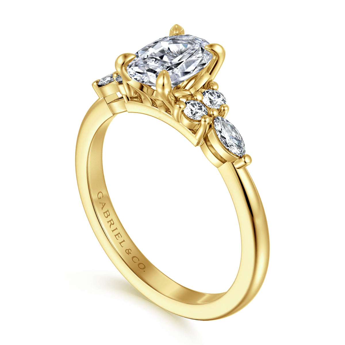 14K Yellow Gold Oval Diamond Cluster Engagement Ring — Gabriel & Co. ER16125O4Y44JJ; center stone shown for illustration, not included