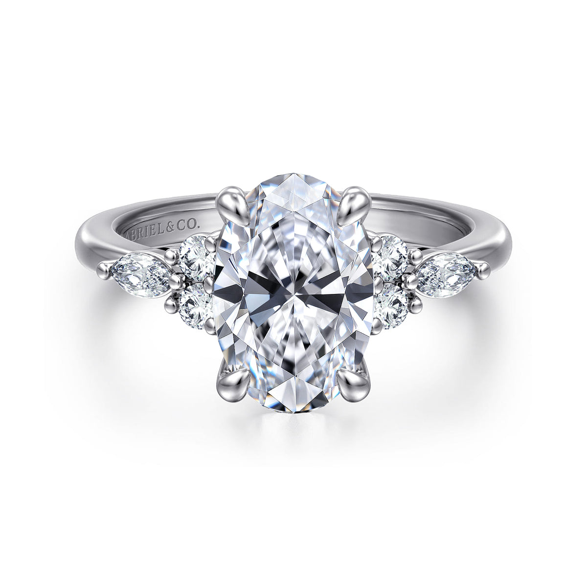 14K White Gold Oval Diamond Cluster Engagement Ring — Gabriel & Co. ER16125O8W44JJ; center stone shown for illustration, not included