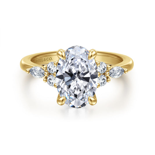 14K Yellow Gold Oval Diamond Cluster Engagement Ring — Gabriel & Co. ER16125O8Y44JJ; center stone shown for illustration, not included