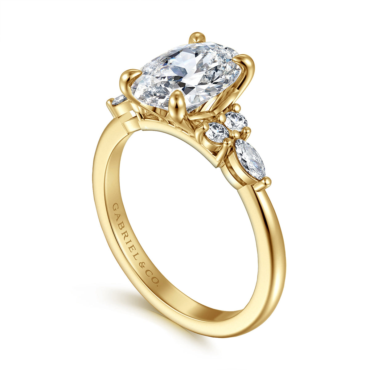 14K Yellow Gold Oval Diamond Cluster Engagement Ring — Gabriel & Co. ER16125O8Y44JJ; center stone shown for illustration, not included