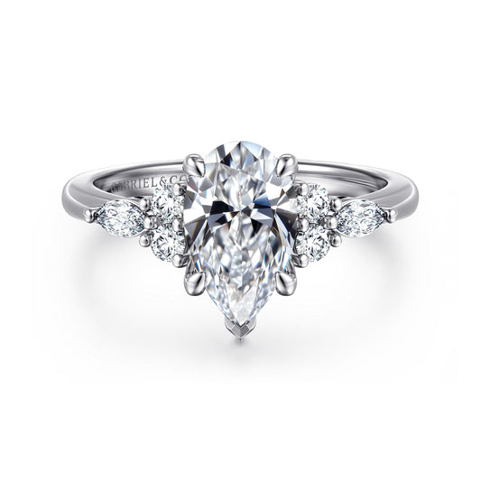Platinum Pear Shape Diamond Cluster Engagement Ring — Gabriel & Co. ER16125P6PT4JJ; center stone shown for illustration, not included