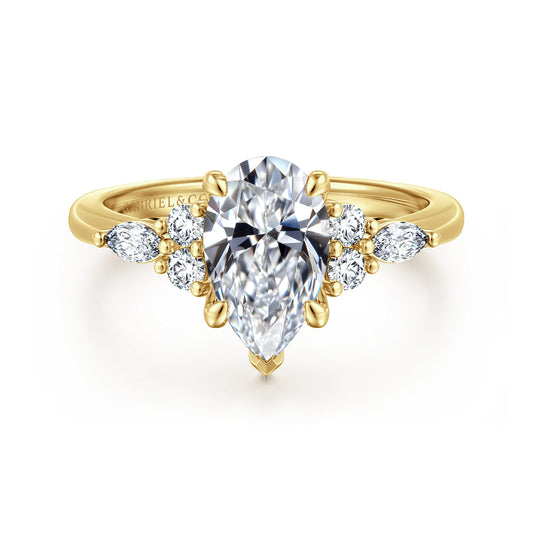 14K Yellow Gold Pear Shape Diamond Cluster Engagement Ring — Gabriel & Co. ER16125P6Y44JJ; center stone shown for illustration, not included