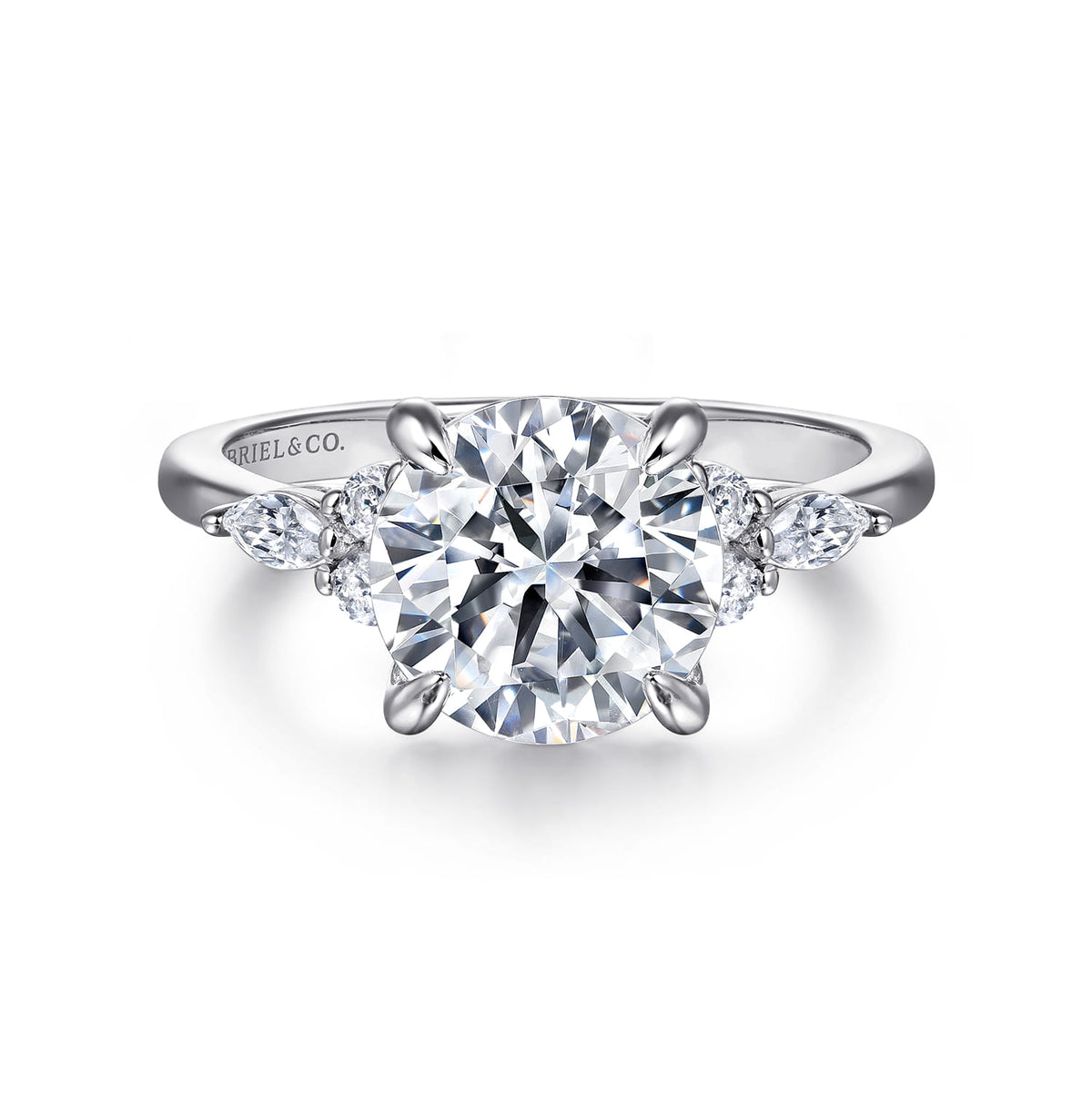 Platinum Round Diamond Cluster Engagement Ring — Gabriel & Co. ER16125R12PT4JJ; center stone shown for illustration, not included