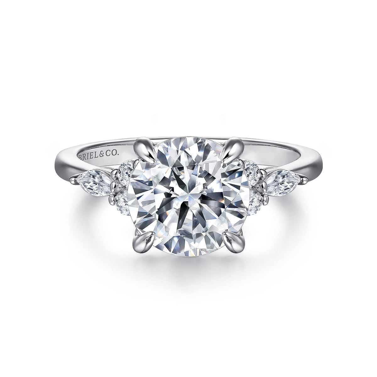 14K White Gold Round Diamond Cluster Engagement Ring — Gabriel & Co. ER16125R12W44JJ; center stone shown for illustration, not included