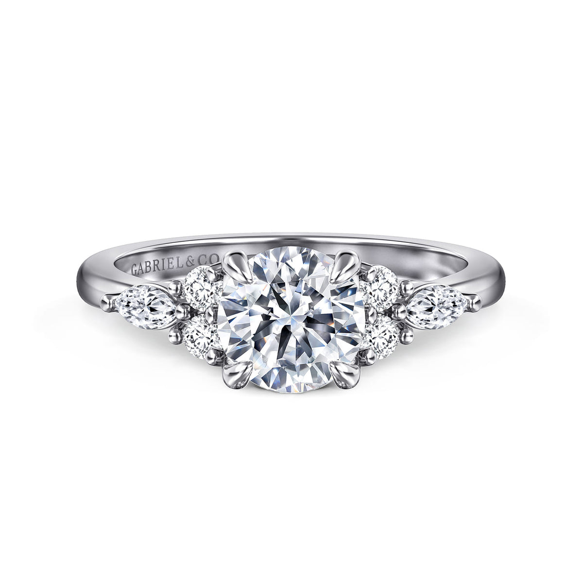 Platinum Round Diamond Cluster Engagement Ring — Gabriel & Co. ER16125R4PT4JJ; center stone shown for illustration, not included