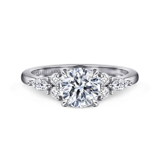 Platinum Round Diamond Cluster Engagement Ring — Gabriel & Co. ER16125R4PT4JJ; center stone shown for illustration, not included